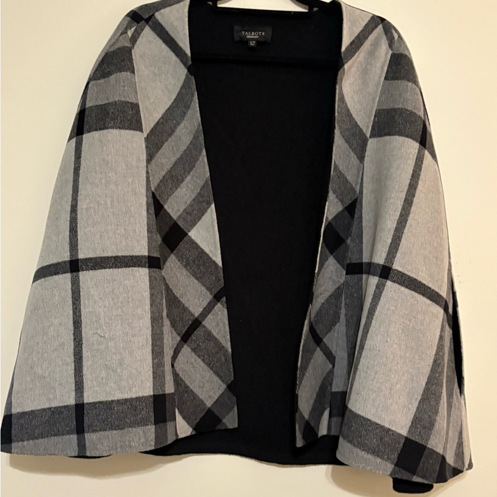 Talbots Black and Gray Plaid Open Front Poncho